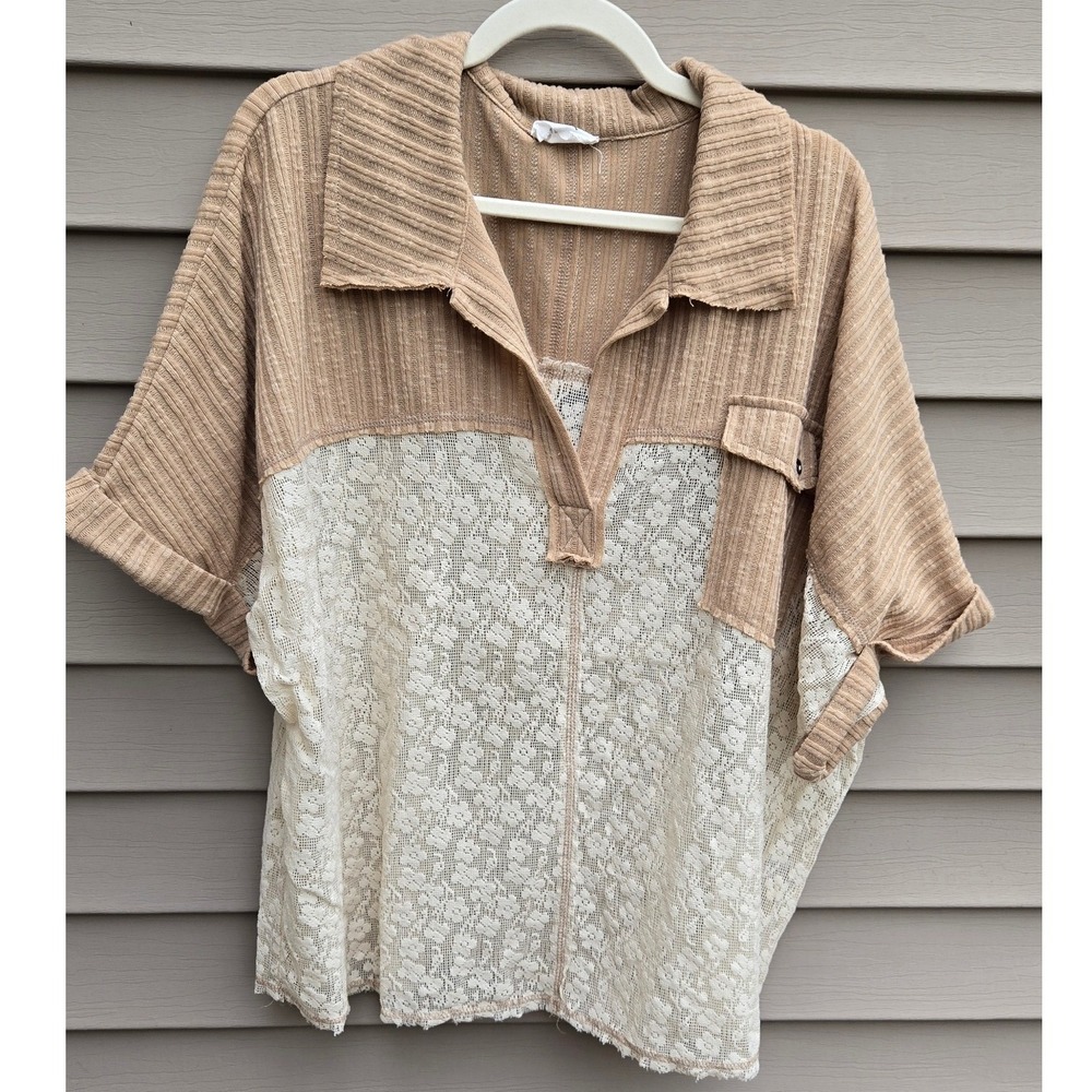 Andree by Unit Tan Ribbed Knit Cream Floral Lace Mixed Media Top Large